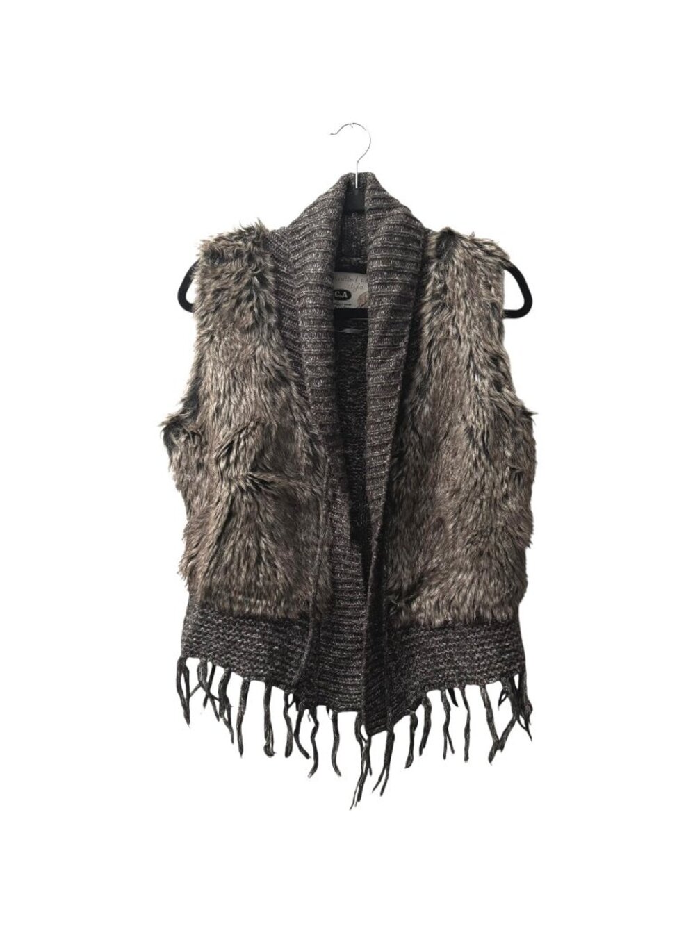 C&A Shaggy Faux Fur Knit Fringe Sweater Vest L XL Boho Y2K Shawl Collar Open